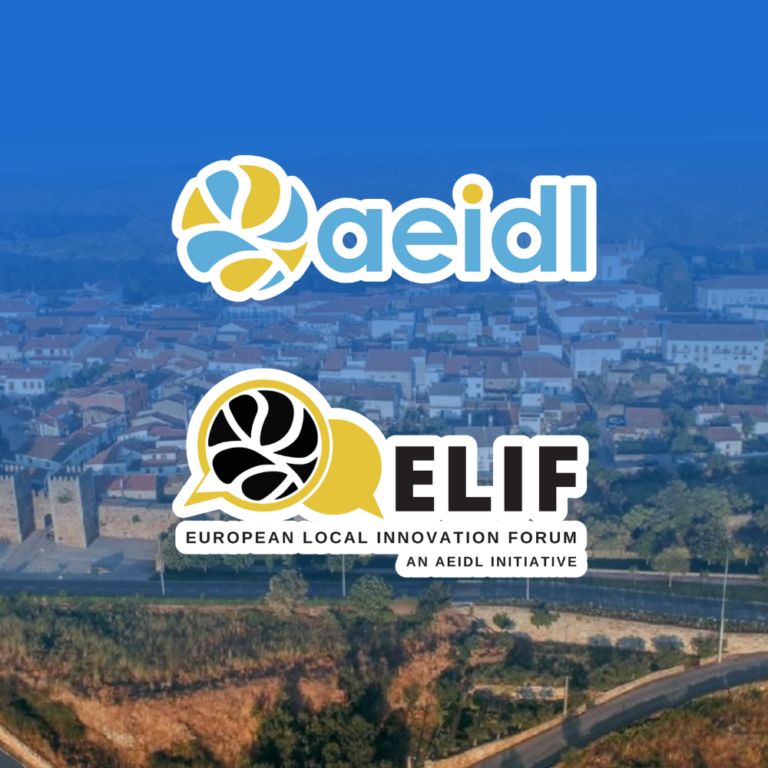 Logótipos AEIDL e ELIF sobre uma vista de Miranda do Douro.